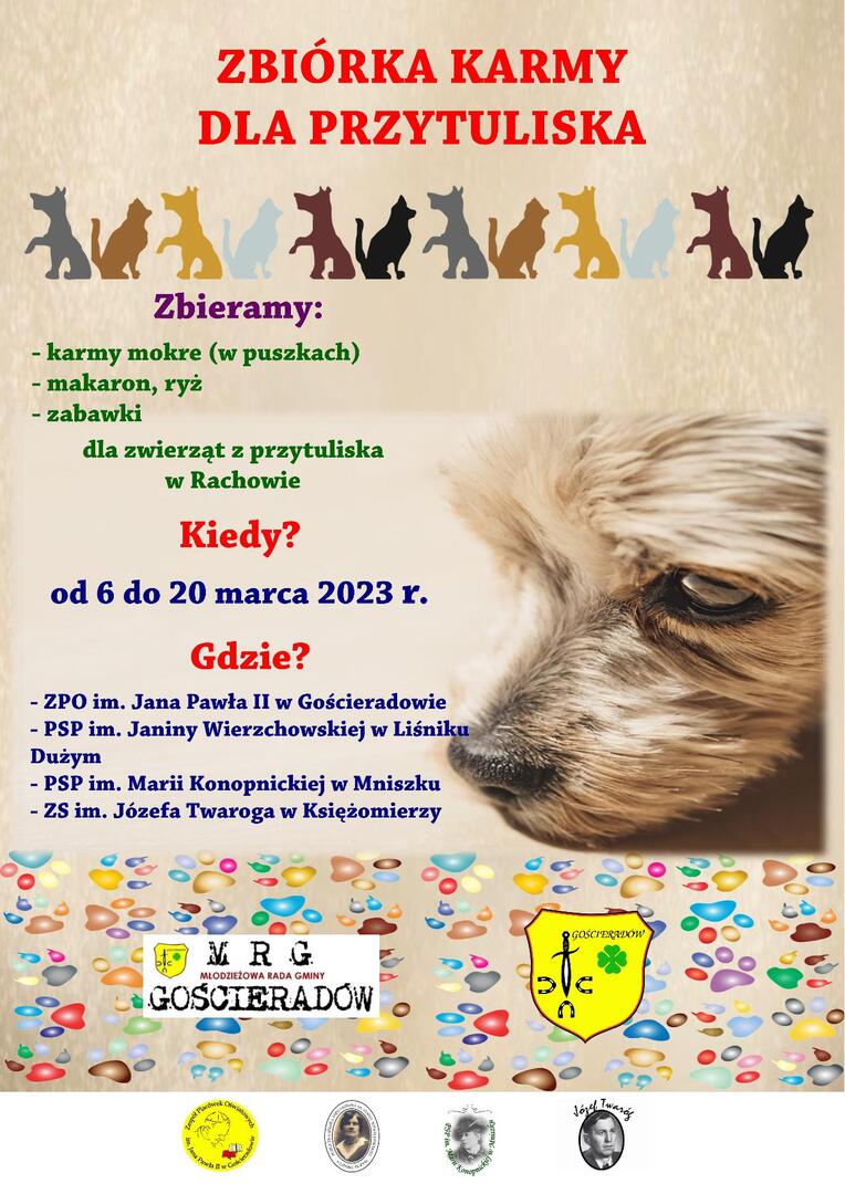 Zdjęcie plakatu z psem dot. zbiórki dla przytuliska