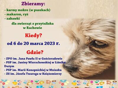 Zdjęcie plakatu z psem dot. zbiórki dla przytuliska
