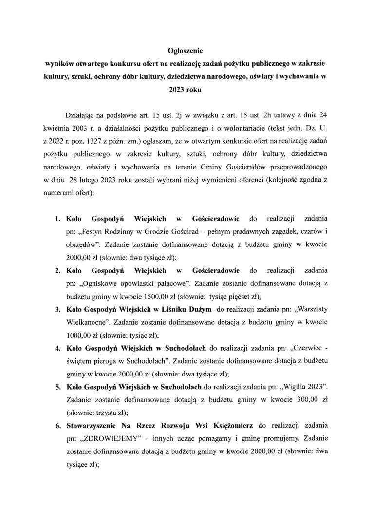 Zdjęcie przedstawiające treść ogłoszenia o wynikach konkursu - strona1