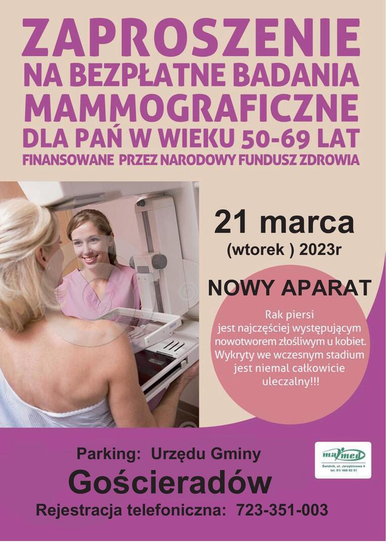 Plakat ze zdjęciem kobiety dot. badania mammograficznego