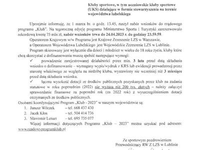 Zdjęcie informacji dot. naboru wniosków do rządowego programu ,,Klub"