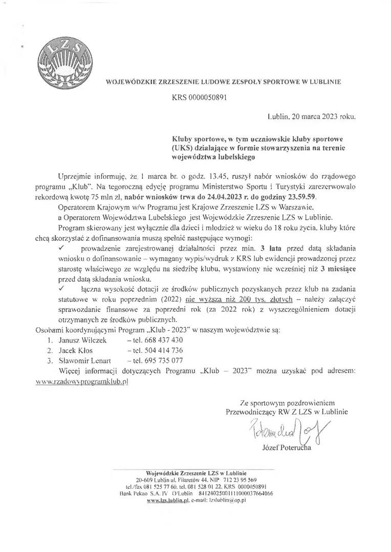 Zdjęcie informacji dot. naboru wniosków do rządowego programu ,,Klub"