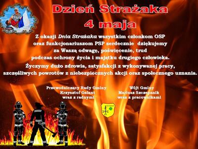 Zdjęcie płomieni i strażaków wraz z życzeniami