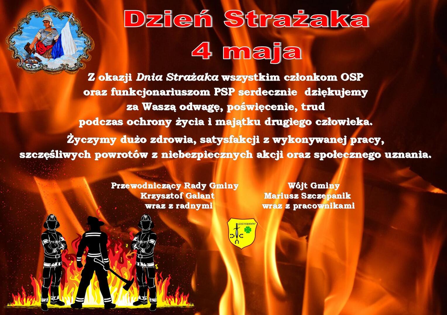 Zdjęcie płomieni i strażaków wraz z życzeniami