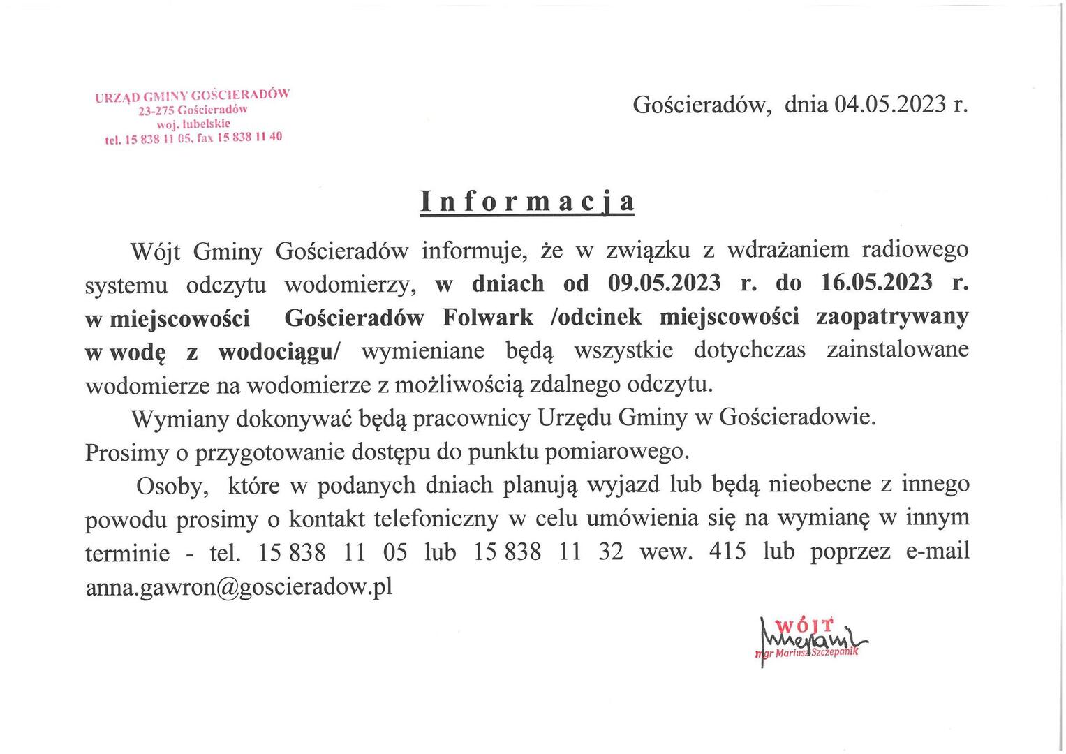 Skan dokumentu przedstawiającego tekst informacji