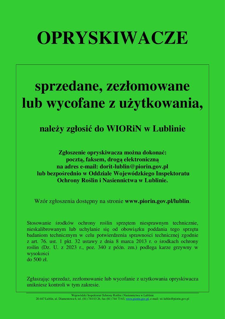 Zdjęcie komunikatu dot. opryskiwaczy