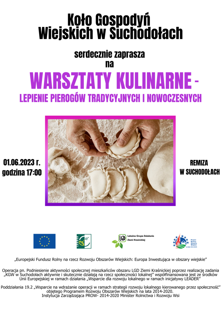 Plakat promujący ,Warsztaty Kulinarne-Lepienie Pierogów Tradycyjnych  i Nowoczesnych"