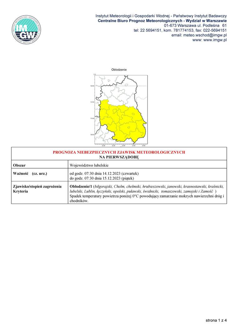 PROGNOZA NIEBEZPIECZNYCH ZJAWISK METEOROLOGICZNYCH  1 doba