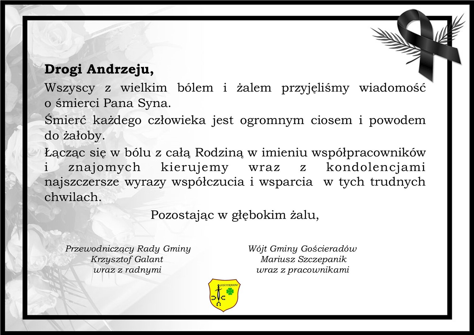 Zdjęcie listu kondolencyjnego