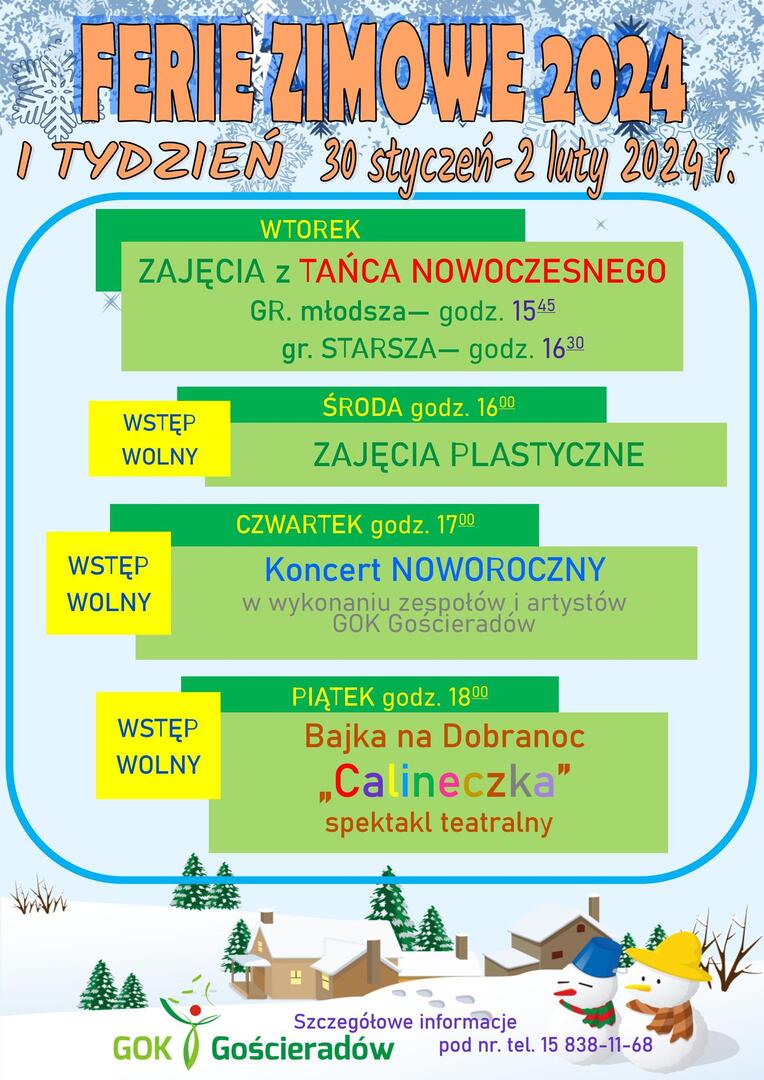 Zdjęcie plakatu dot. ferii w GOK-u w Gościeradowie