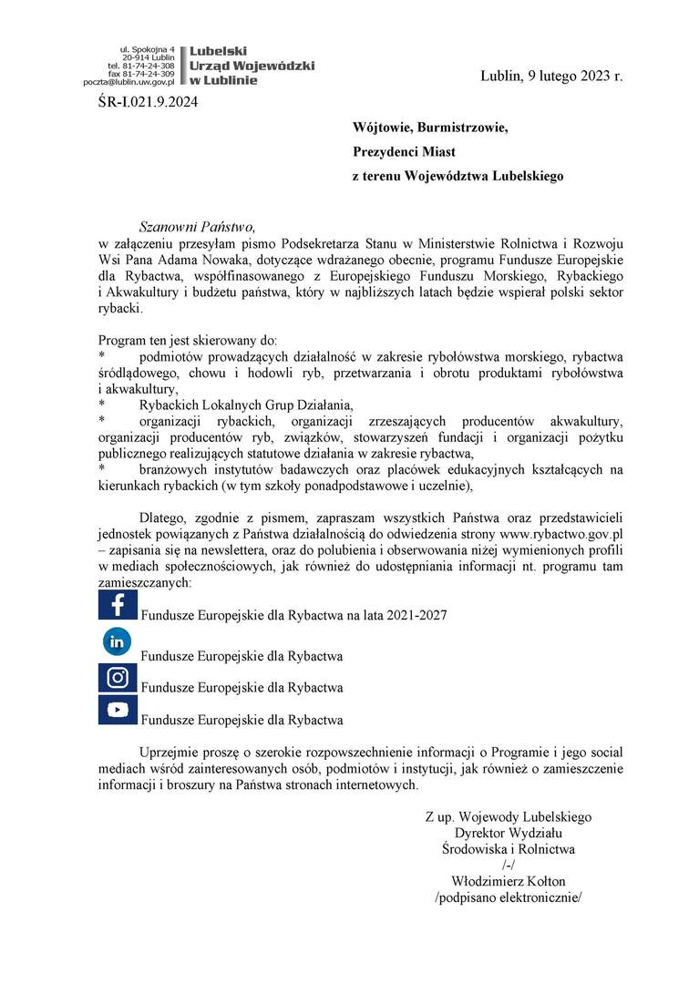 Pismo dot. Programu Fundusze Europejskie dla Rybactwa