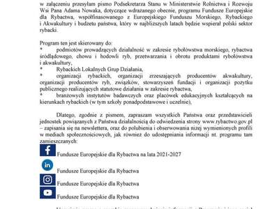 Pismo dot. Programu Fundusze Europejskie dla Rybactwa