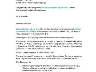 Pismo dot. Programu Fundusze Europejskie dla Rybactwa