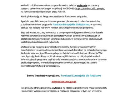 Pismo dot. Programu Fundusze Europejskie dla Rybactwa