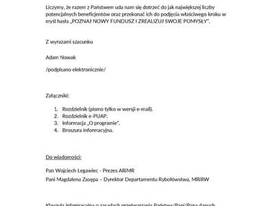 Pismo dot. Programu Fundusze Europejskie dla Rybactwa