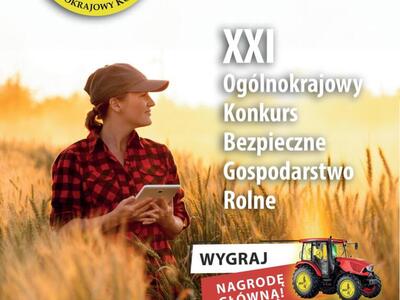 Plakat promujacy konkurs.
Zdjecie przedstawia kobiete na tle łanu zboża ciagnik oraz loga partnerów.