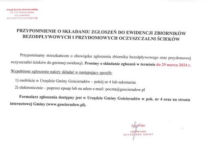 Zdjęcie informacji dot. zgłoszenia do ewidencji zbiorników bezodpływowych