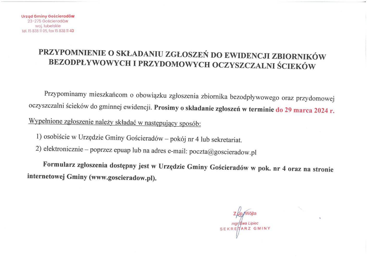 Zdjęcie informacji dot. zgłoszenia do ewidencji zbiorników bezodpływowych