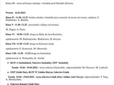 Zdjęcie harmonogramu PSP Liśnik Duży dot. Tygodnia Sprzątania Gminy Gościeradów