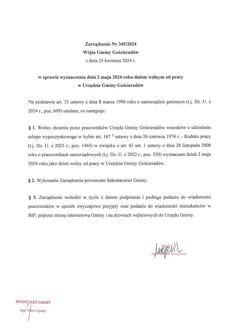 Obraz (skan) treści zarządzenia zacytowanego w wiadomości