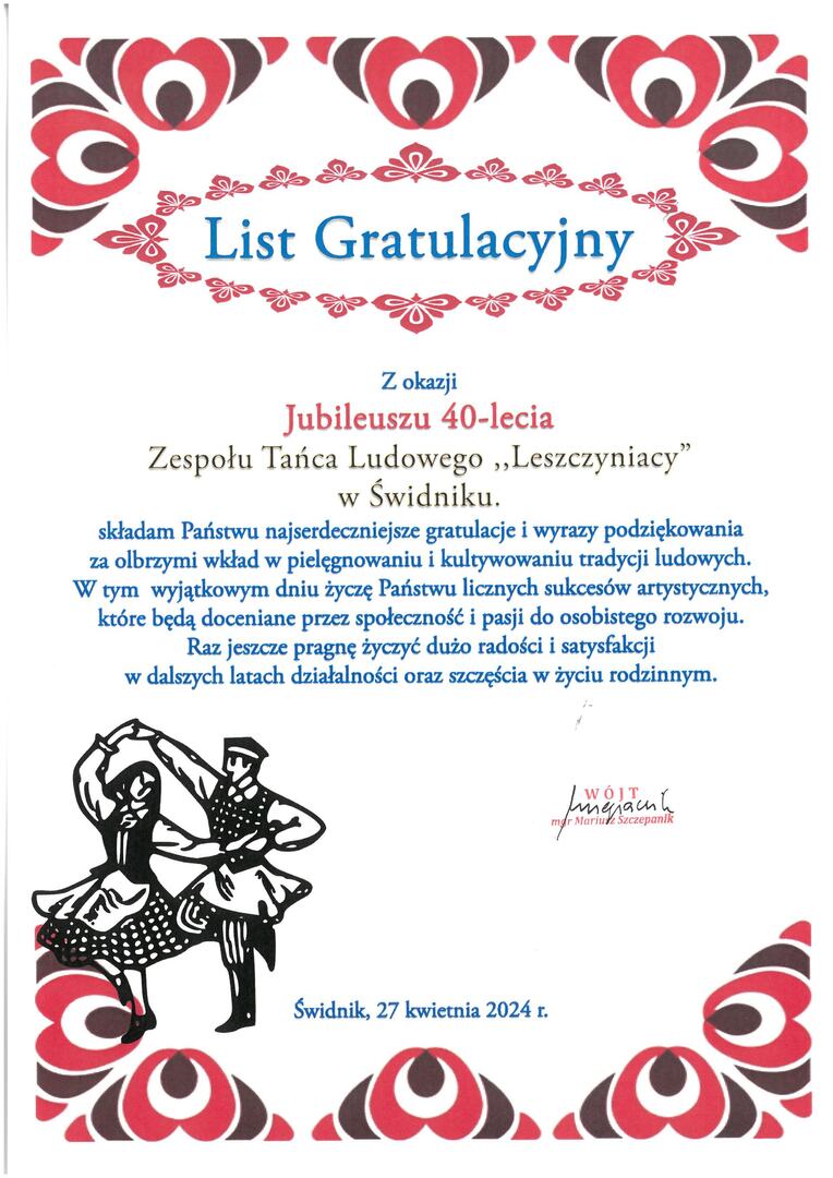 Zdjęcie listu gratulacyjnego