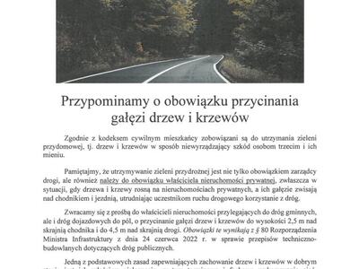 Grafika przedstawiająca drogę miedzy drzewami oraz treść ogłoszenia