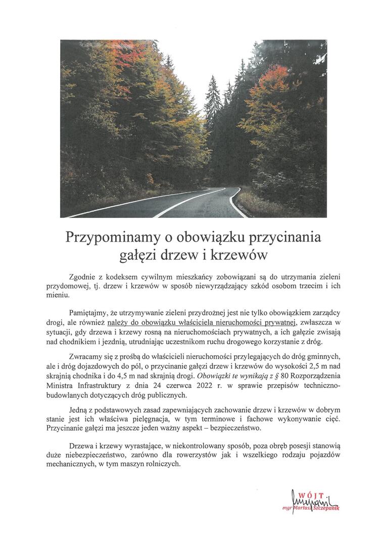 Grafika przedstawiająca drogę miedzy drzewami oraz treść ogłoszenia