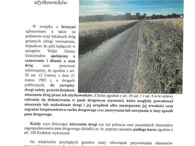 Obraz przedstawiający drogę wśród pól oraz treść ogłoszenia