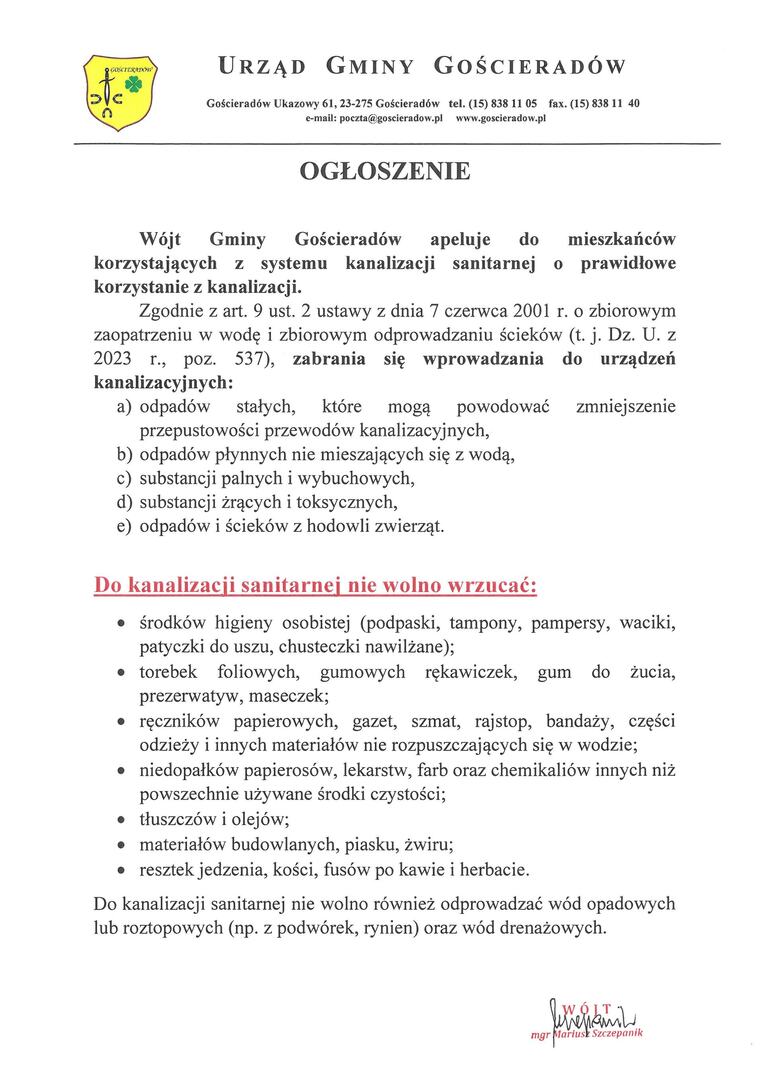 Oraz dokumentu przedstawiającego treść ogłoszenia