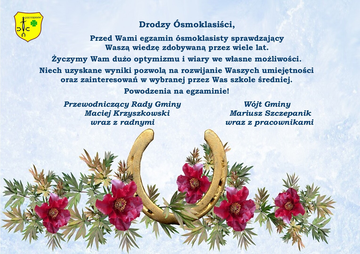 Zdjęcie kwiatów i podkowy z życzeniami