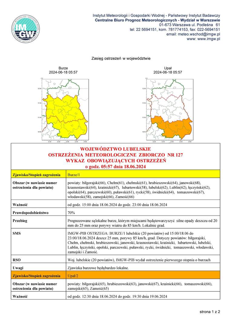 ZDJĘCIE OSTRZEŻENIA METEOROLOGICZNEGO