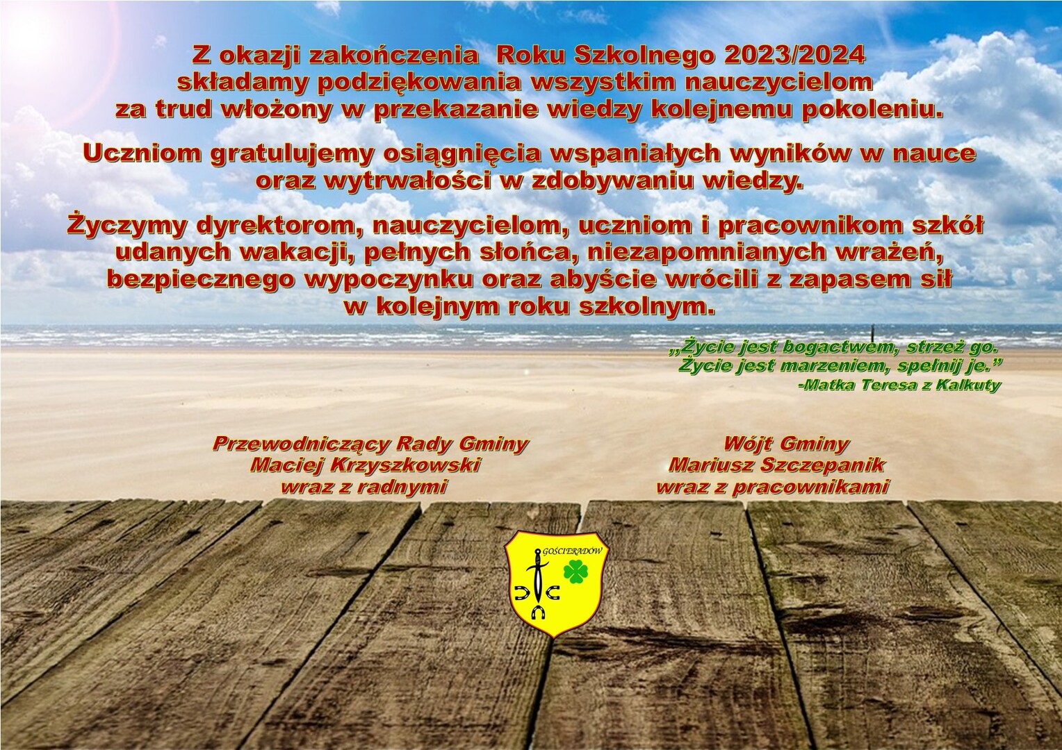 Zdjęcie plaży i morza z życzeniami