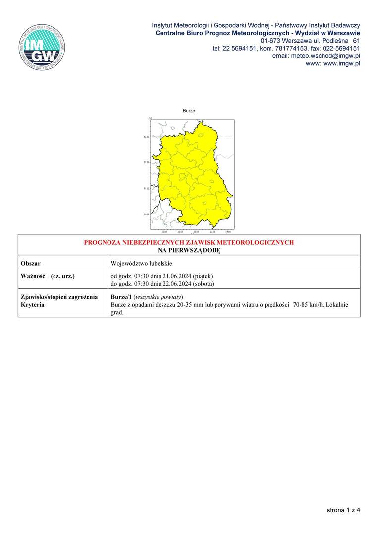 ZDJĘCIE PROGNOZY NIEBEZPIECZNYCH ZJAWISK METEOROLOGICZNYCH