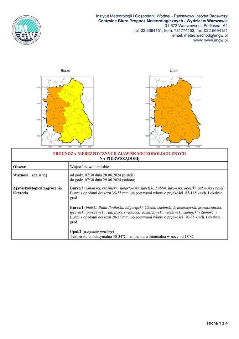 ZDJĘCIE PROGNOZA NIEBEZPIECZNYCH ZJAWISK METEOROLOGICZNYCH