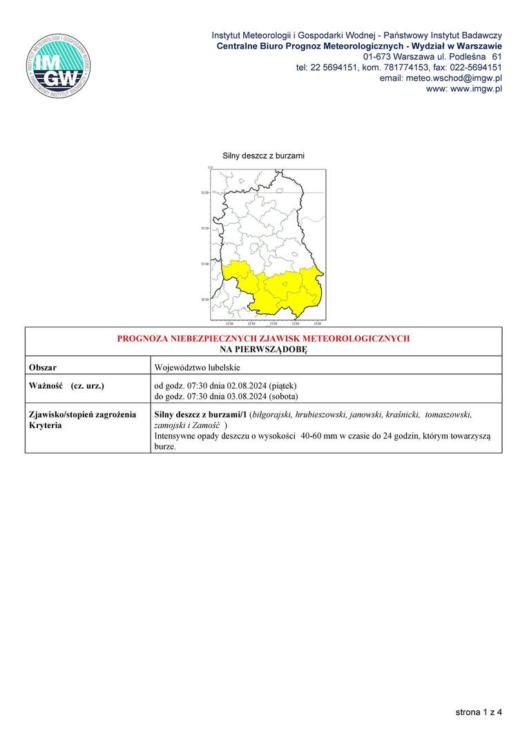 ZDJĘCIE PROGNOZY NIEBEZPIECZNYCH ZJAWISK METEOROLOGICZNYCH