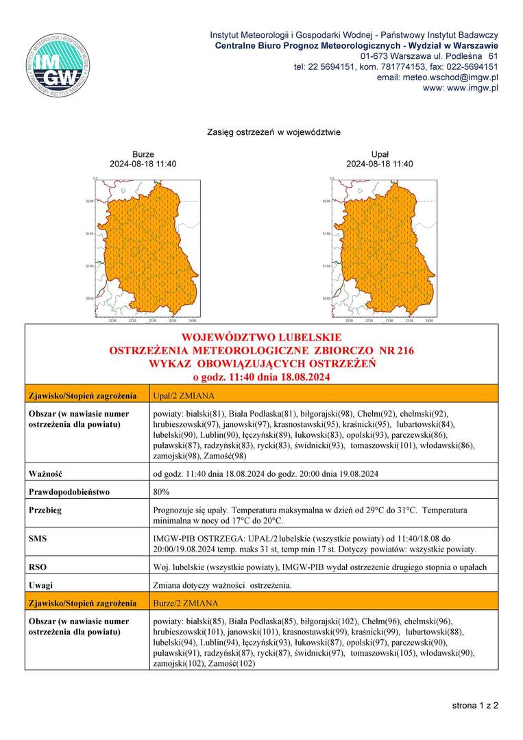 ZDJĘCIE OSTRZEŻENIA METEOROLOGICZNEGO