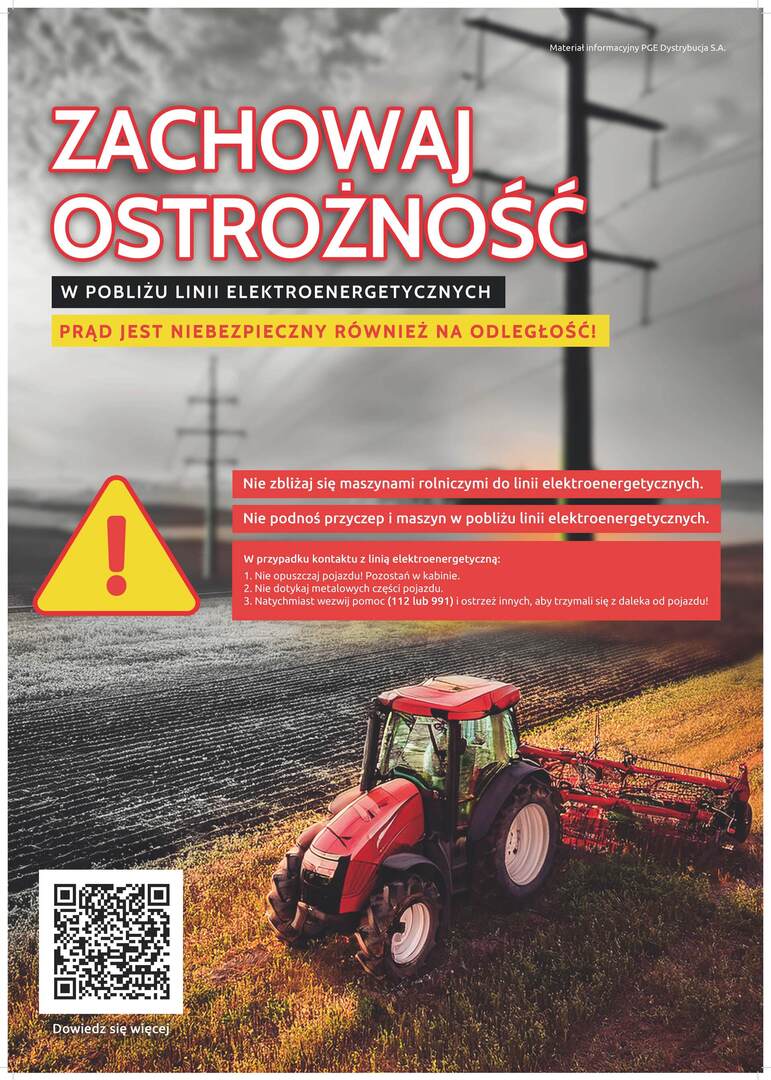 Zdjęcie plakatu dotyczącego zachowania ostrożności w pobliżu linii elektroenergetycznych