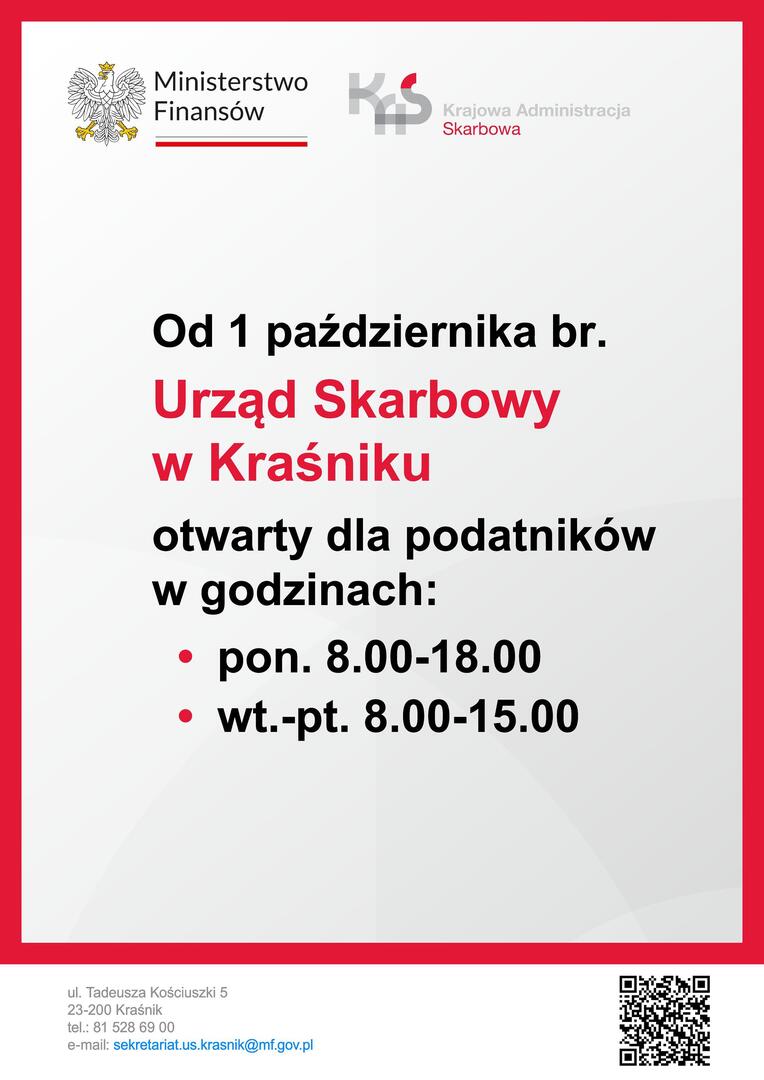Plakat informujący o godzinach paracy w budynku A