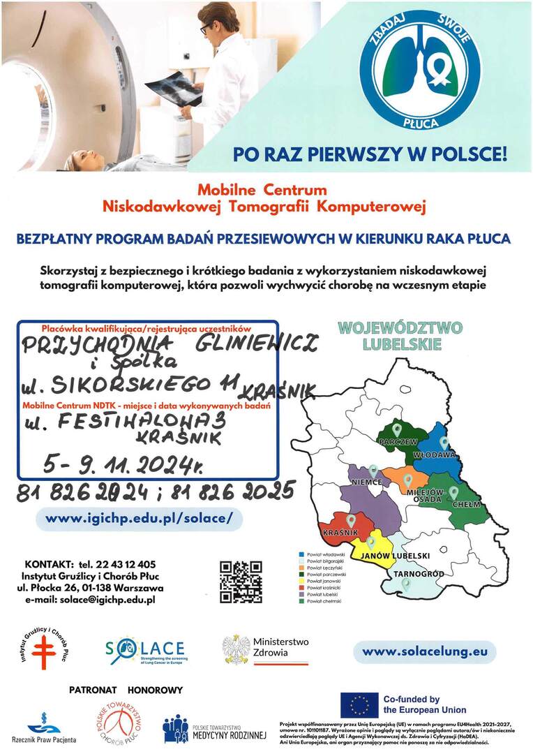 Zdjęcie plakatu dotyczącego bezpłatnych badań przesiewowych w kierunku raka płuca
