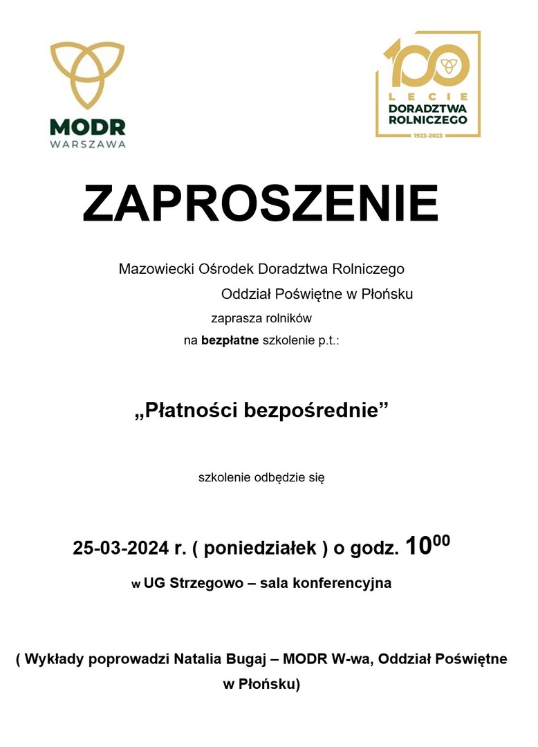 Mazowiecki Ośrodek Doradztwa Rolniczego
Oddział Poświętne w Płońsku
zaprasza rolników 
na bezpłatne szkolenie

