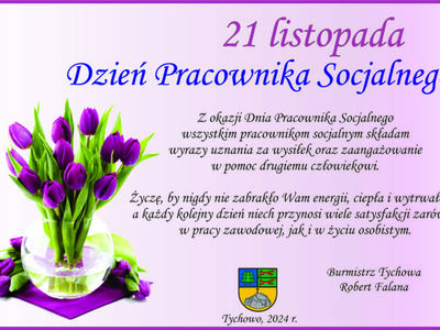 Tekst życzeń dostępny pod publikacją.
Na obrazku fioletowe tulipany w wazonie na jasno fioletowym tle.
