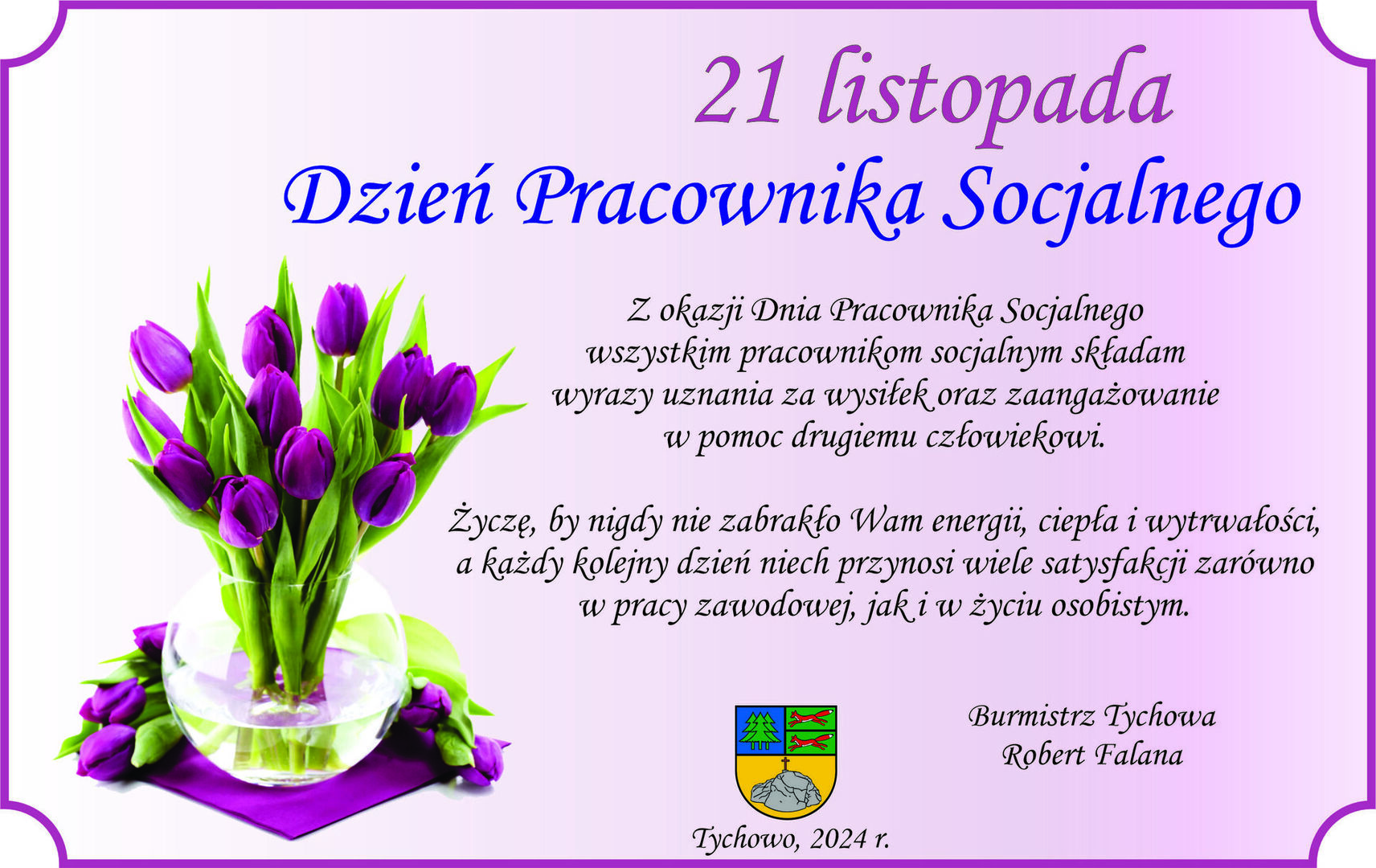 Tekst życzeń dostępny pod publikacją.
Na obrazku fioletowe tulipany w wazonie na jasno fioletowym tle. 