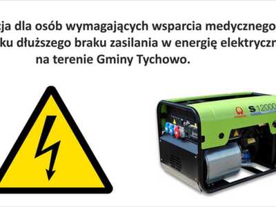 Na zdjęciu agregat oraz informacja o możliwym braku prądu ze względu na anomalie pogodowe