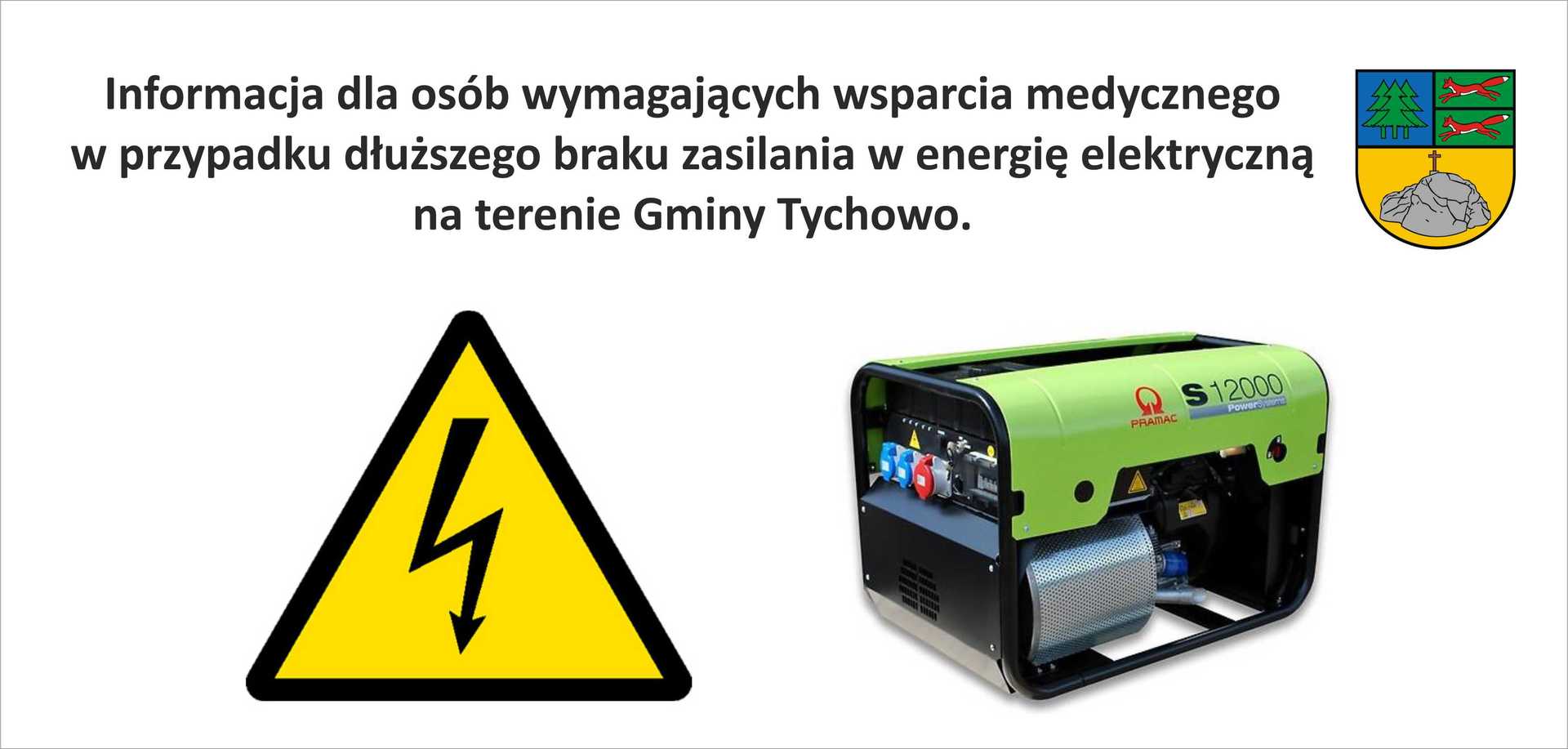 Na zdjęciu agregat oraz informacja o możliwym braku prądu ze względu na anomalie pogodowe