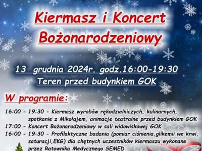Plakat zapraszający na Kiermasz i Koncert Bożonarodzeniowy 13 grudnia 2024r. przed budynkiem Gminnego Ośrodka Kultury w Tychowie