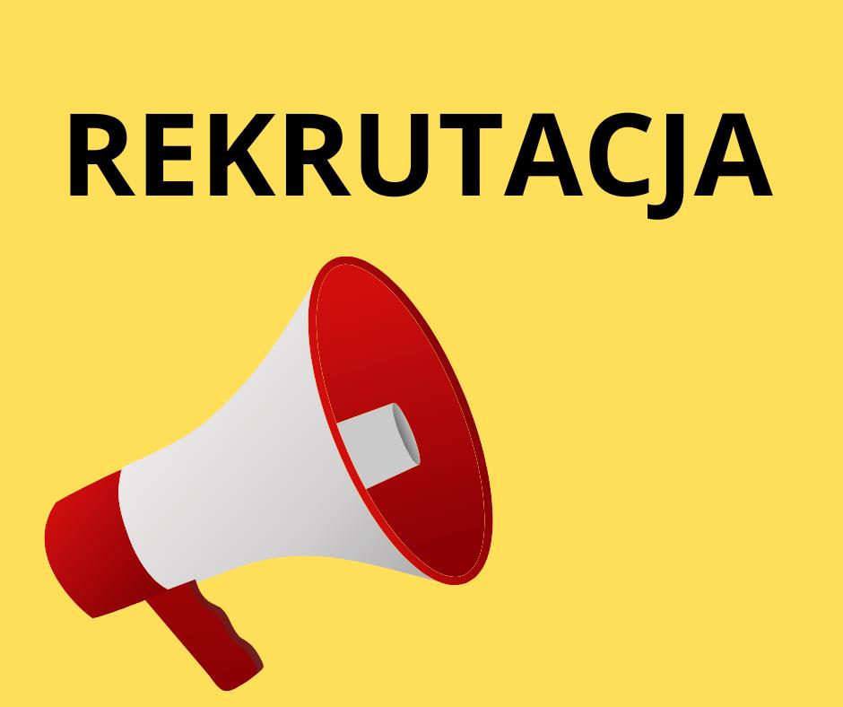 Na żółtym tle wyraz REKRUTACJA oraz obraz przedstawiający megafon.