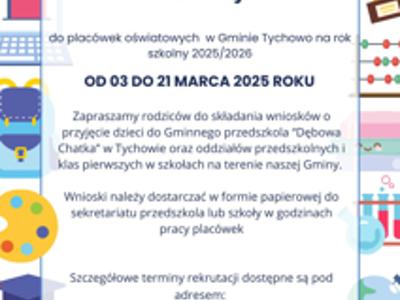 Plakat informujący o rekrutacji do placówek oświatowych na terenie Gminy Tychowo.