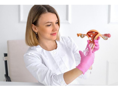 Na zdjęciu kobieta promująca badanie cytologiczne na fantomie w związku z profilaktyką raka szyjki macicy.