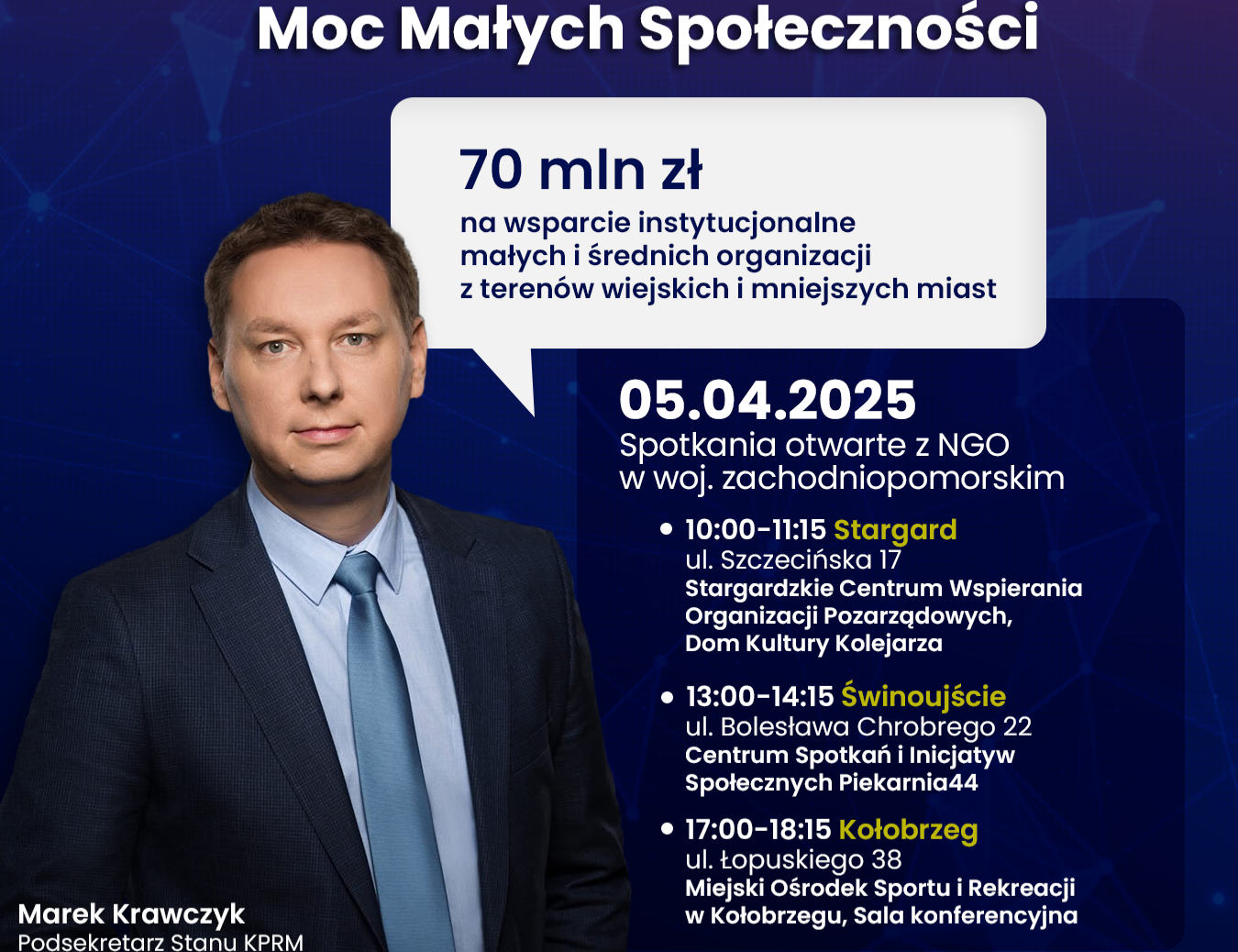 Palakt informujący o wydarzeniu - tekst z plakatu w wiadomości głównej, na palakacie znajduję się również zdjęcie Podsekretarza Stanu KPRM Marka Krawczyk