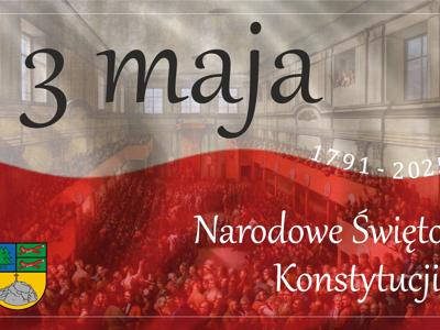 Obraz przedstawia biało-czerwoną flagę na tle obrazu Kazimierza Wojniakowskiego z 1806 roku. W lewym dolnym rogu znajduje się herb Gminy Tychowo.